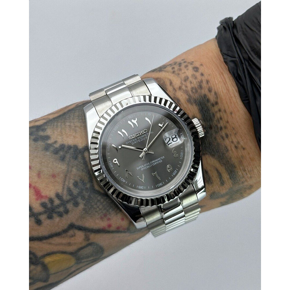 Custom Seiko Mod • Rhodium Grey Arabic DateJust President • 39mm
